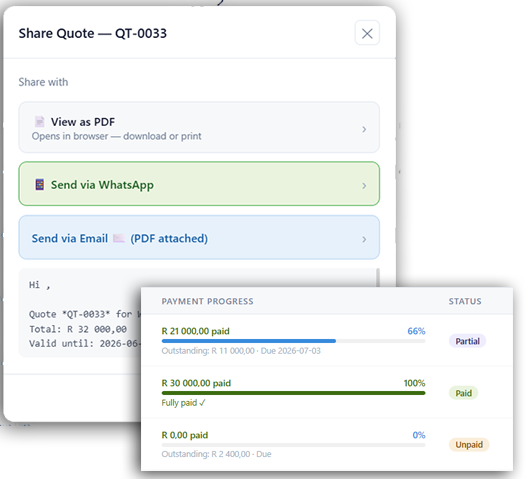 Eventrows quote sharing and payment progress