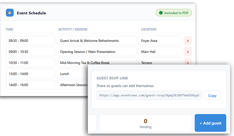 Eventrows event schedule and guest RSVP